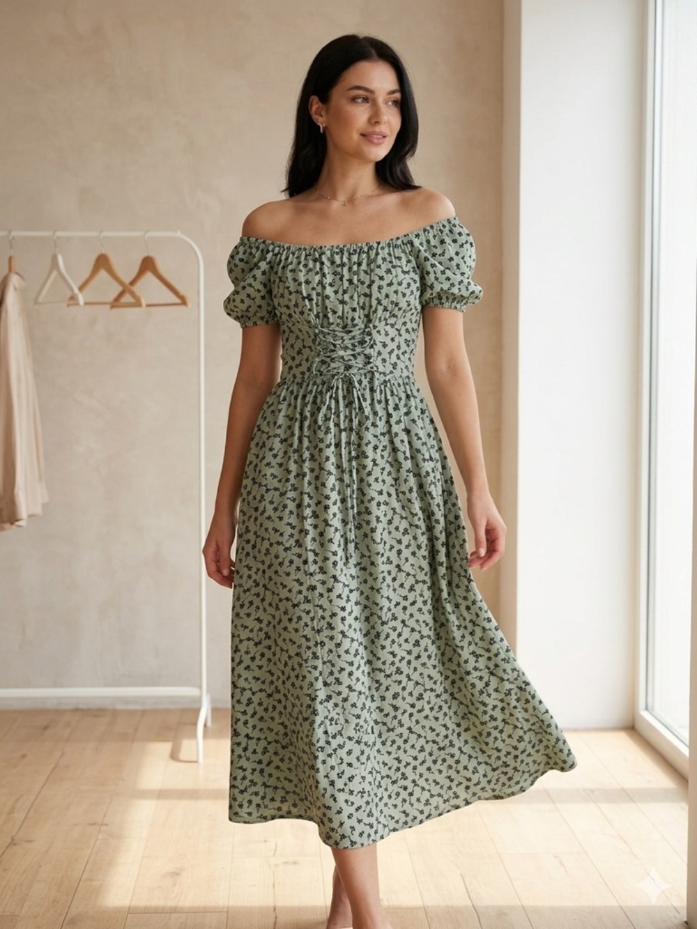 ANRO Mint Green Floral Cottagecore Midi Dress - Corset Waist Puff Sleeves